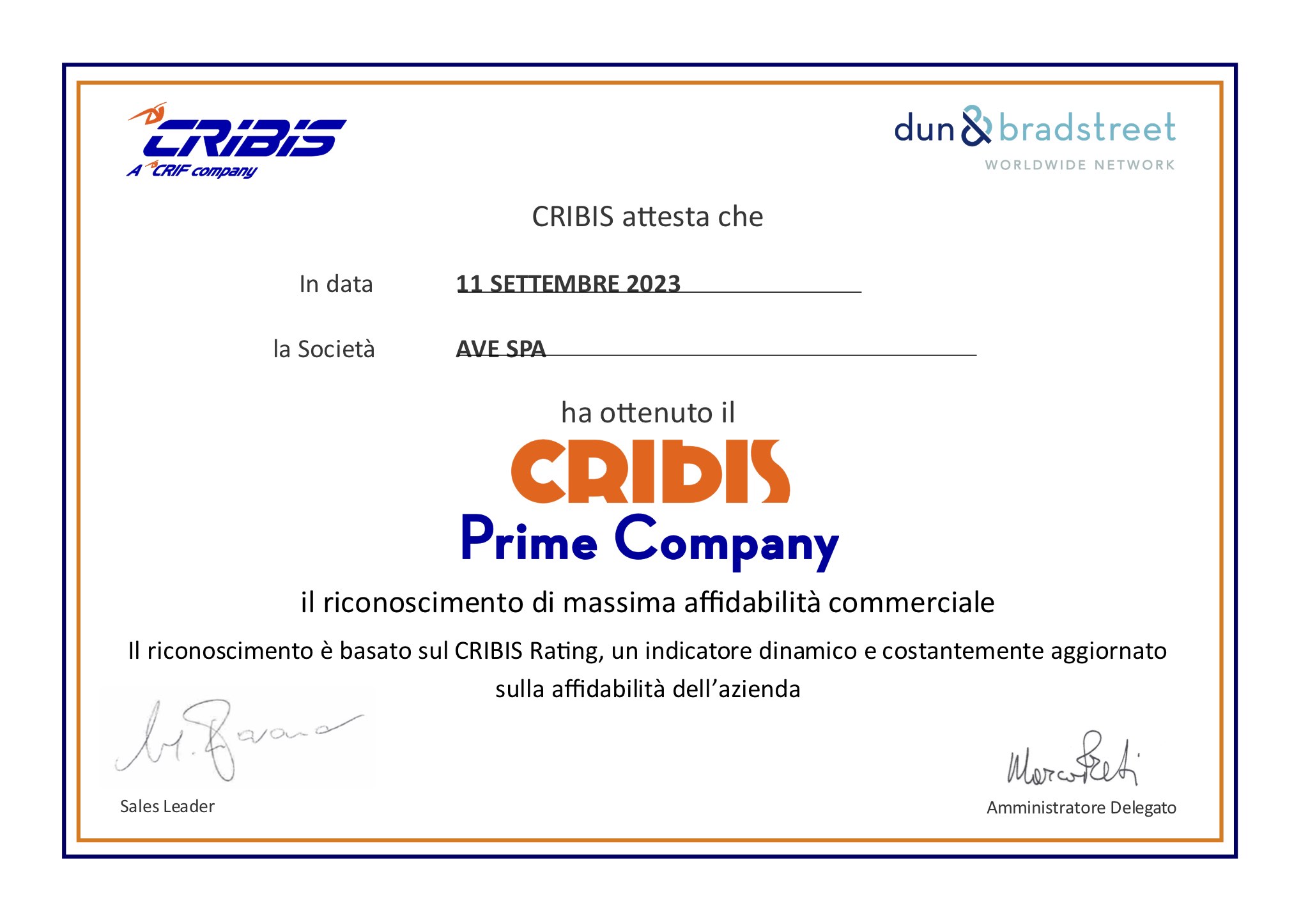 AVE ottiene il titolo di CRIBIS Prime Company