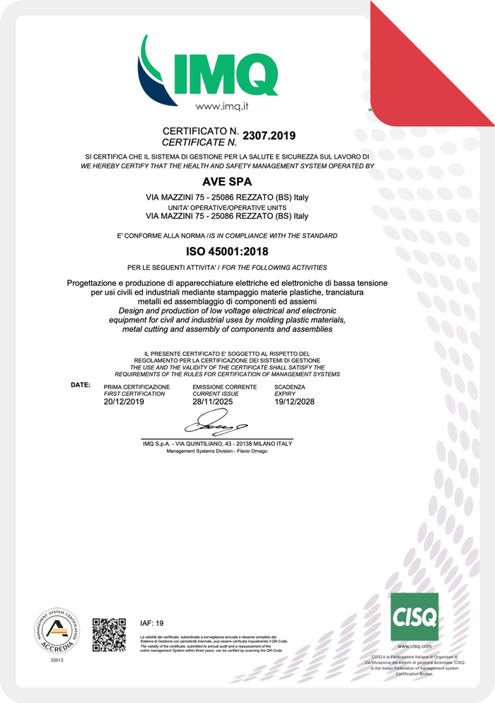 AVE certificato ISO 45001